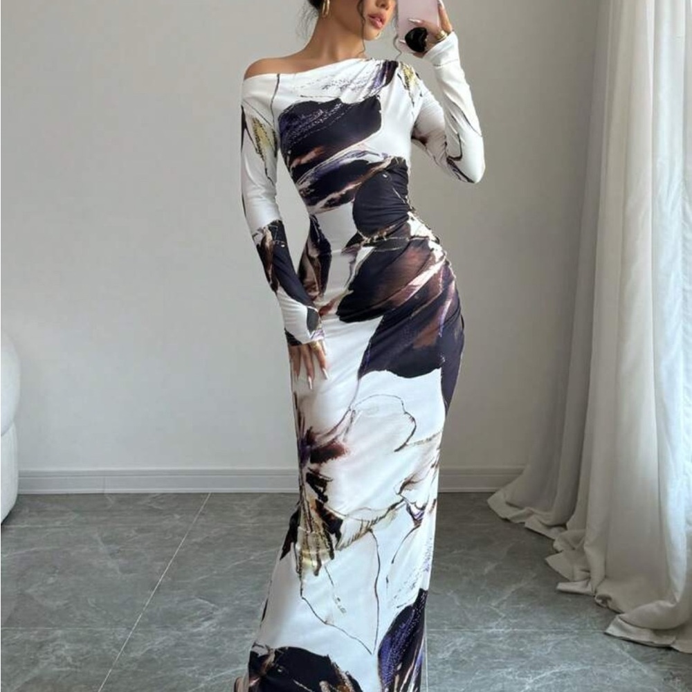 SOLD Elegant Off-Shoulder Floral Maxi Dress
